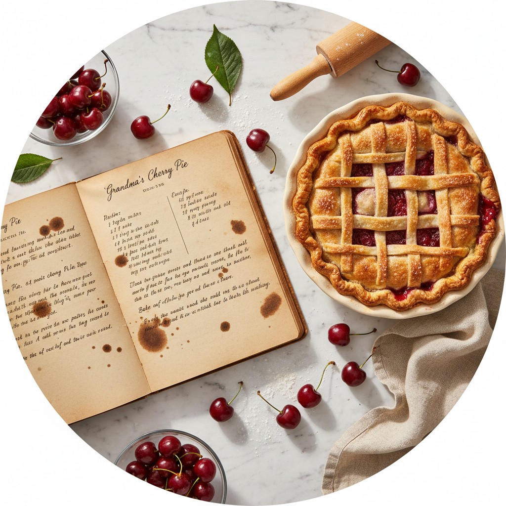 A photograph of a cherry pie with a recipe book open to the recipe for the pie. The recipe fills the books pages. The occa...