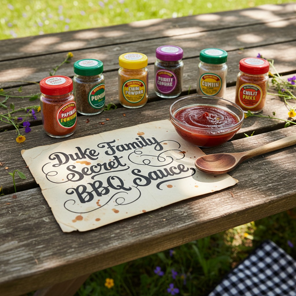 Spices and BBQ sauce on a picnic table.