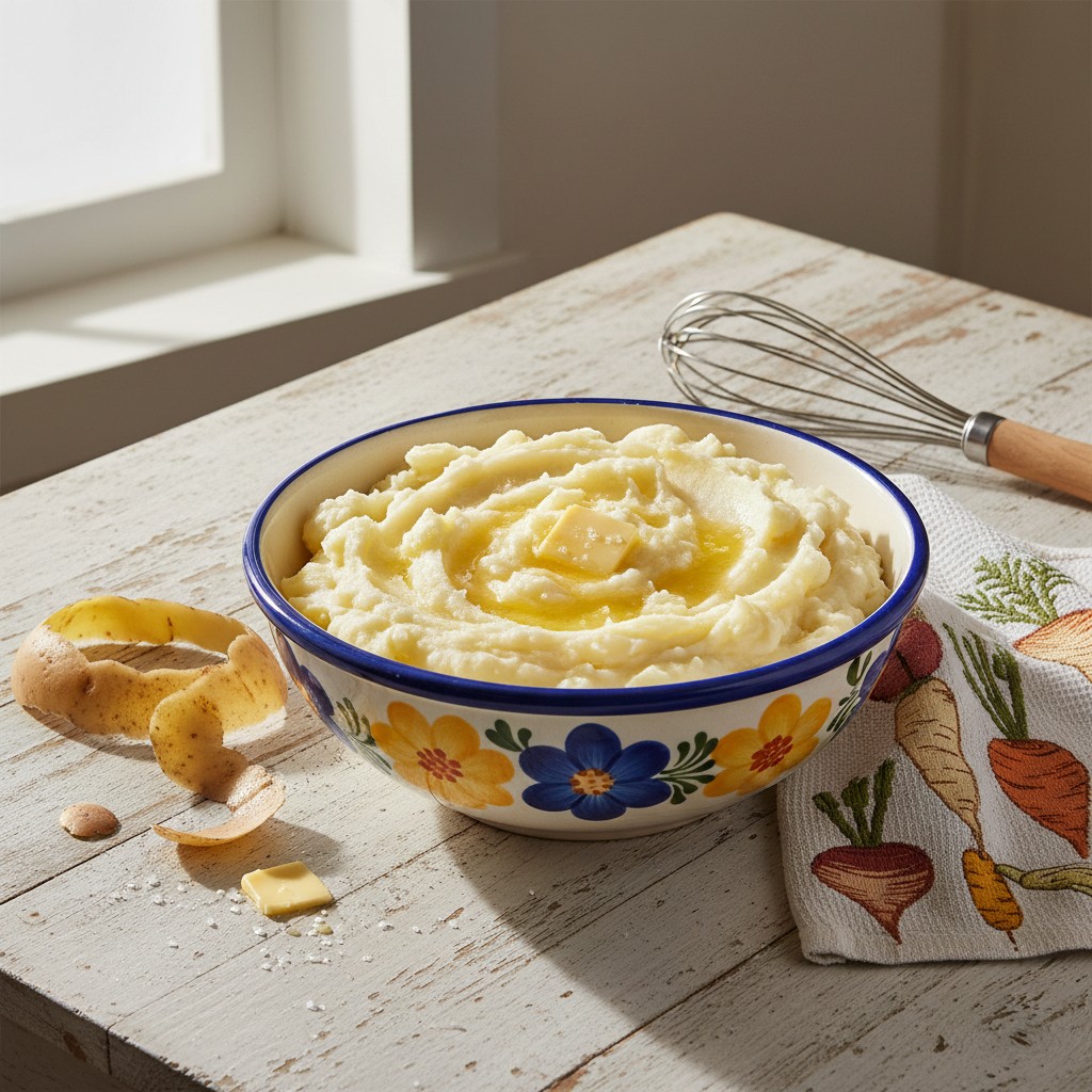 A bowl of mashed potatoes on a sunny window sill. The bowl is floral and white with a blue and swallow-drop border and the...