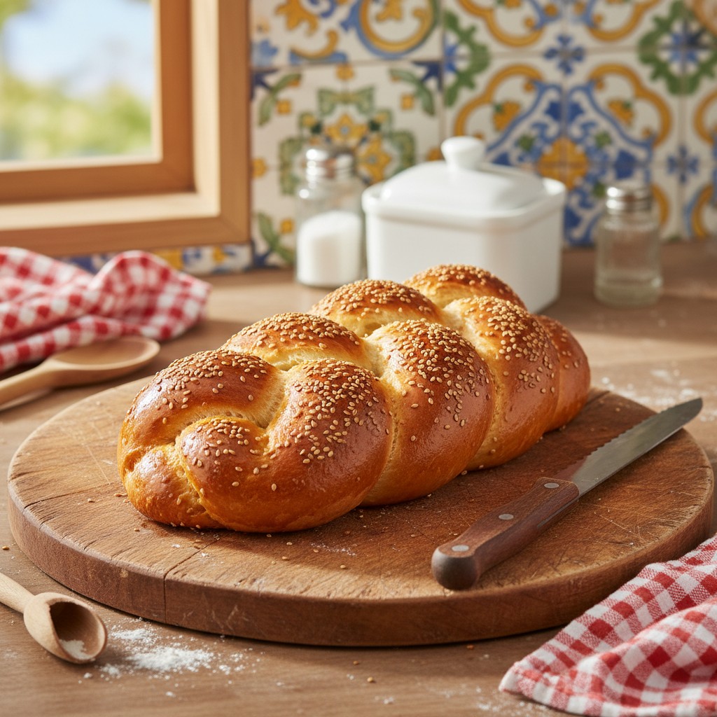 Image depicts a loaf of bread with braided/layered design, lying on a wooden cutting board. The bread appears golden brown...
