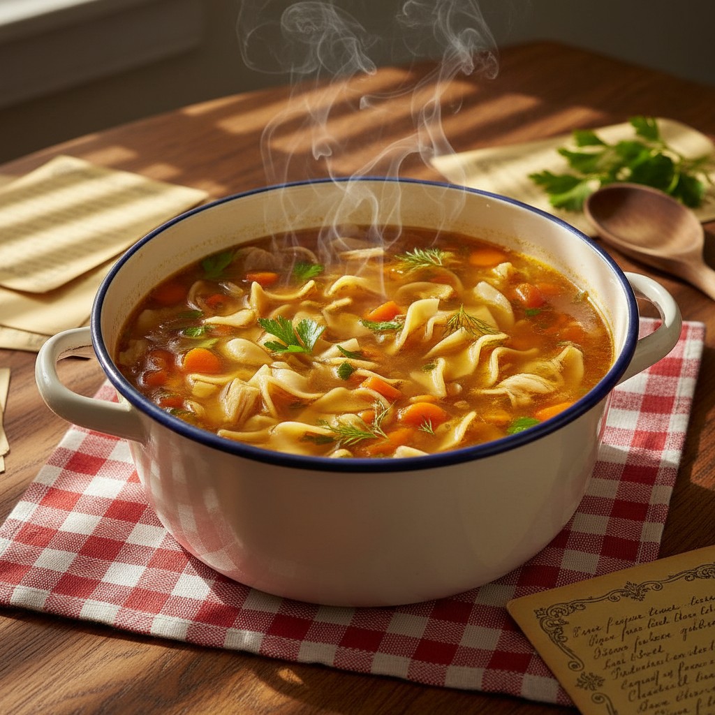 ナポリタン Here is the image description, as requested: The image depicts a steaming pot of soup, serving as the central subjec...