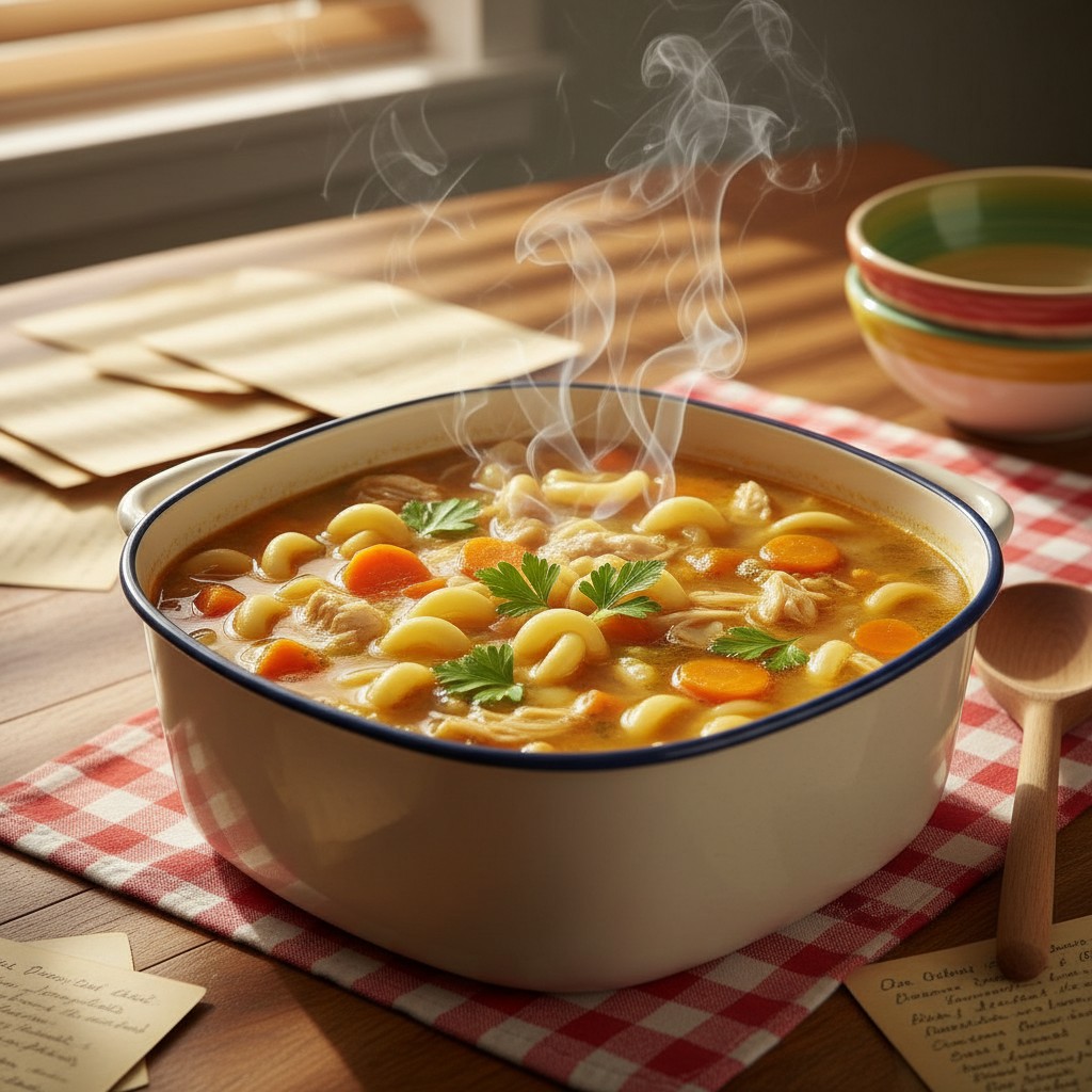 A steaming bowl of hearty chicken noodle soup, garnished with fresh parsley and served in a white enamelware pot with a bl...